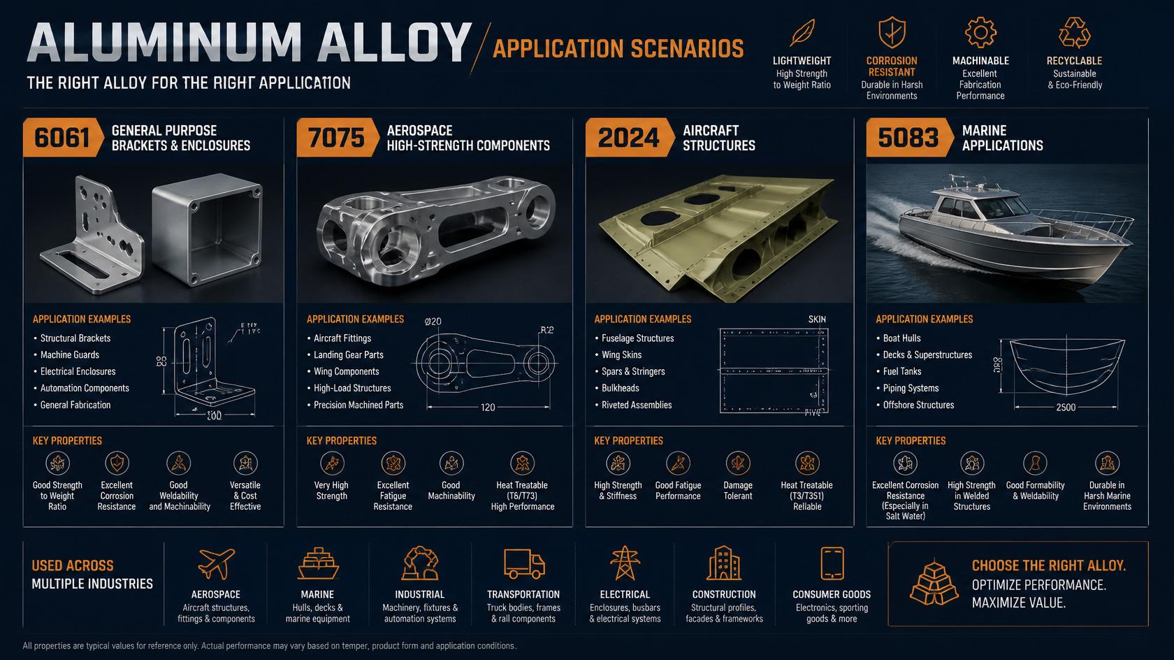 Aluminum alloy applications for 6061 7075 2024 and 5083